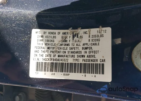 2013 Honda Accord Ex-L from USA, damaged, VIN 1HGCR2F84DA045522